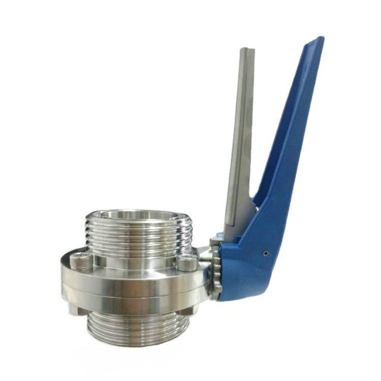 卫生级活接蝶阀304不锈钢sms圆螺纹活接蝶阀鸭嘴手柄外螺纹蝶阀