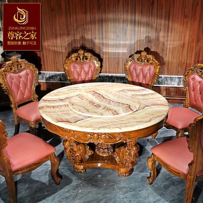 2025高端别墅乌金木实木锦鲤餐桌椅组合欧式奢华天然大理石圆餐台