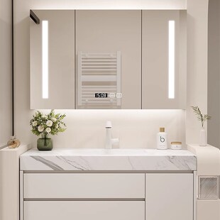 岩板热弯一体盆浴室柜橡木实木洗漱台洗手洗脸盆柜定制