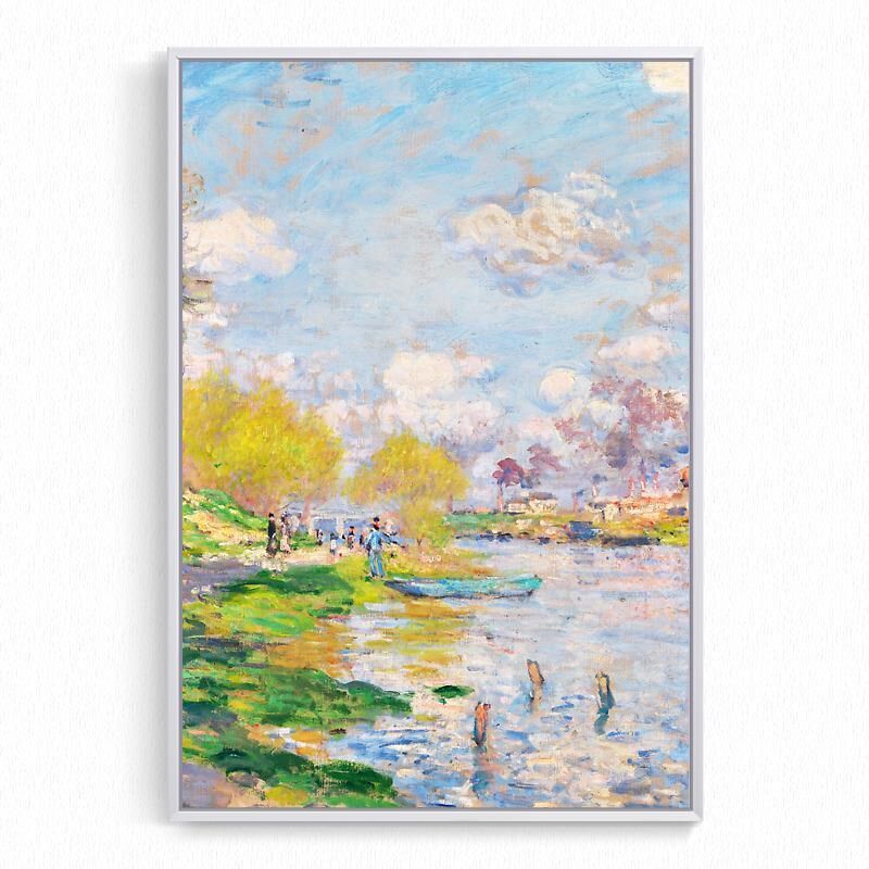 莫奈春天的塞纳河油画田园三联画风景画客厅欧式沙发背景墙装饰画
