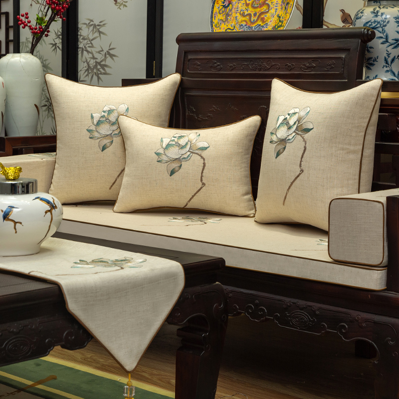 红木沙发垫中式荷花刺绣坐垫棉麻实木家具餐圈椅罗汉床坐垫