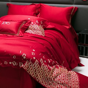 100支长绒棉高密刺绣婚庆四z件套红色喜庆床单被套结婚床上用品