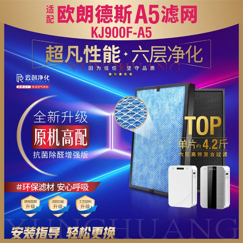 适配LONDE欧朗德斯空气净化器芯KJ900F-5抗菌 除醛5过网