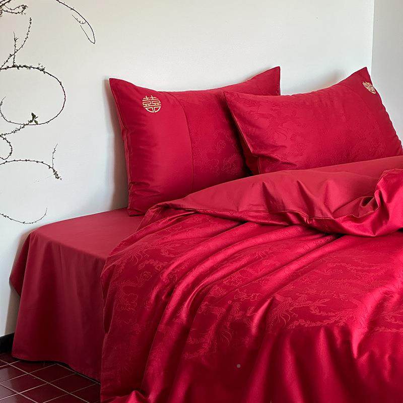 新中式花提庆100支长绒棉结婚件套大红色纯棉婚6UIQ件四套全棉婚