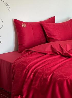 新中式花提庆100支长绒棉结婚件套大红色纯棉婚6UIQ件四套全棉婚