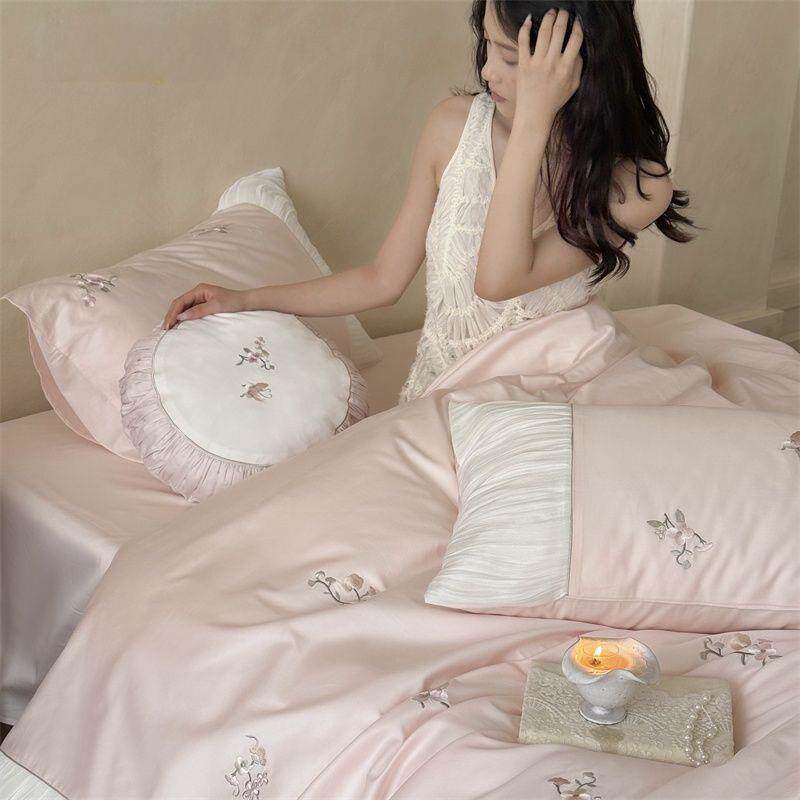 新款100支全棉长绒棉贡轻奢缎优雅法四YUB件套密精刺式绣三件套床