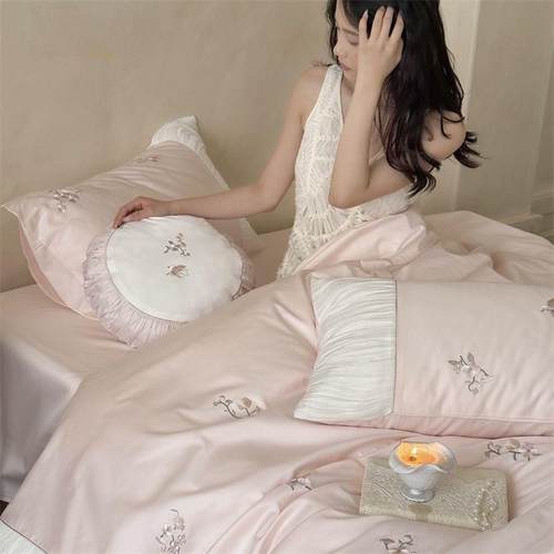 新款100支全棉长绒棉贡轻奢缎优雅法四YUB件套密精刺式绣三件套床