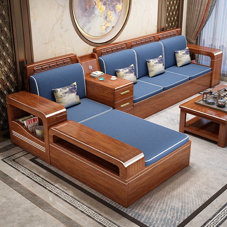 小户型胡桃木全实木沙发客厅带贵妃榻三人位直排冬夏两用储物家具