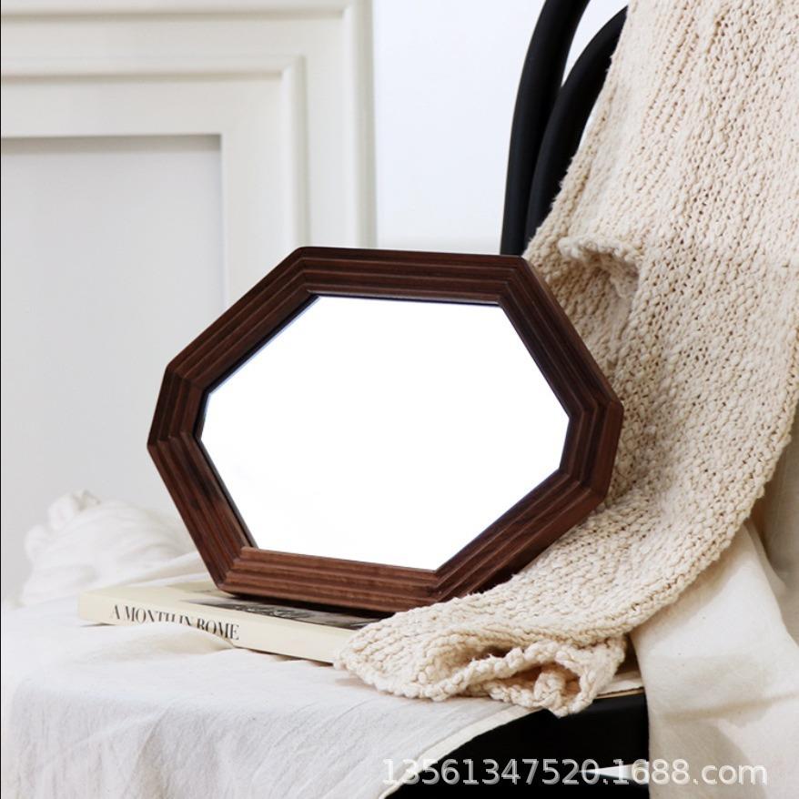 客厅s885式复古八角化妆桌面木梳妆镜法可壁挂质黑胡桃木镜镜子
