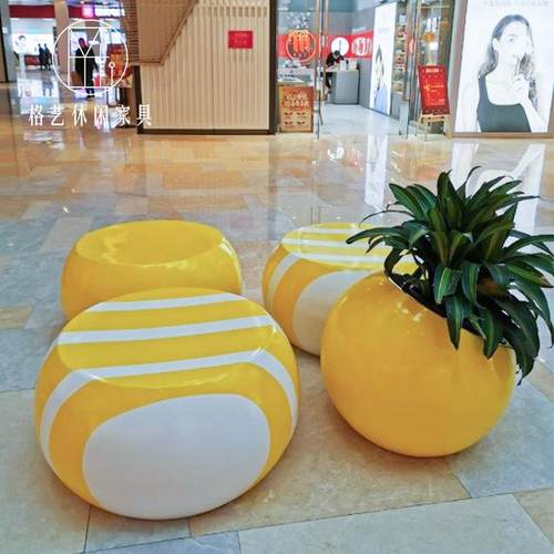 璃钢球摆件椭斜圆坐凳商UMR玻场广场公园休闲区创意圆气凳口花盆