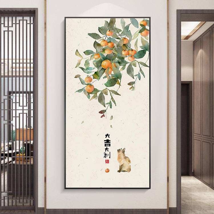 吉祥寓意水果挂画事事如意玄关装饰画新中式入户门厅走廊柿子壁画图片