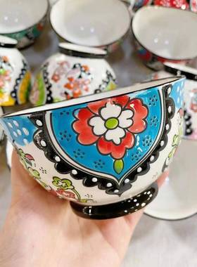 绘纯手土耳其浮雕图案陶瓷碗碗5量寸大容米饭甜品碗可GOP进微波炉