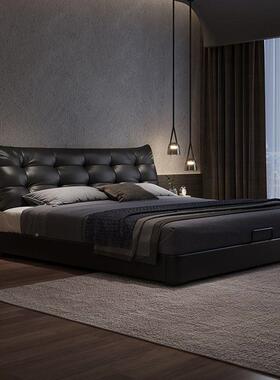 意极简复古LLD风泡芙黑色皮床家用小户型主卧人床双婚床储式物包