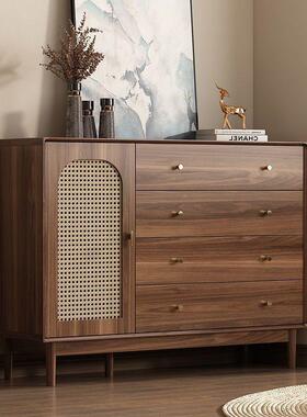 厅实木斗客靠墙储物柜柜卧室收纳复古藤65531编床尾柜柜胡桃木色