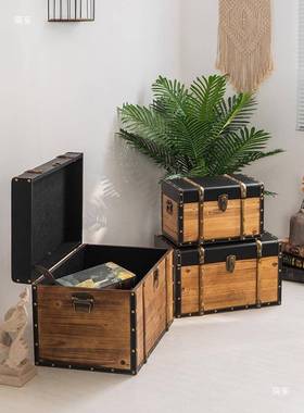 复古收纳箱藏宝箱百SOJ宝箱木箱储箱海盗大装饰道具带锁物的木实