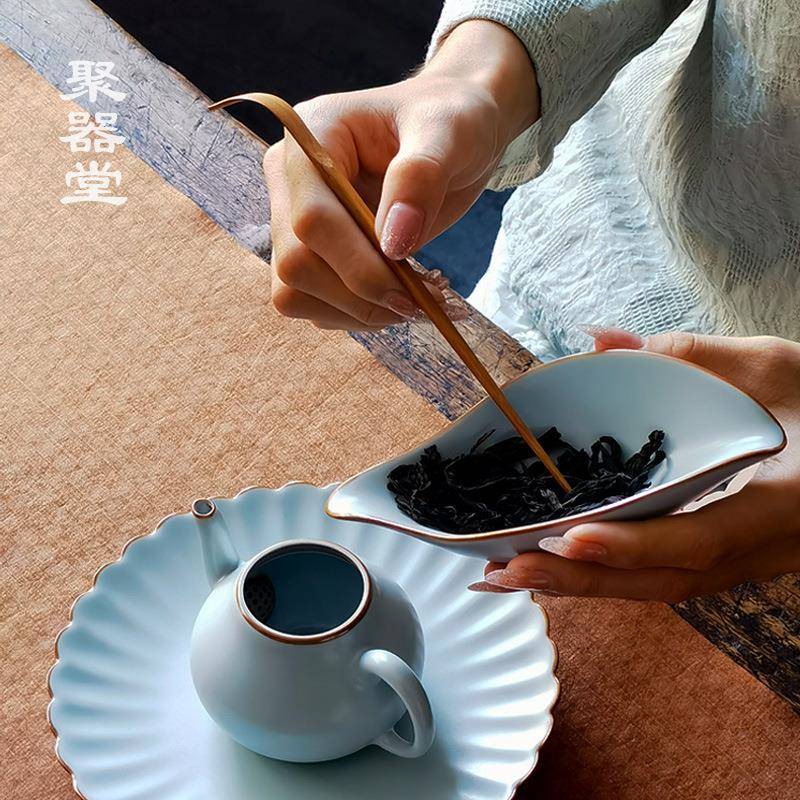 创套意叶形天JXRU15青汝窑茶可养开片瓷陶赏荷茶则茶拨两件茶配件