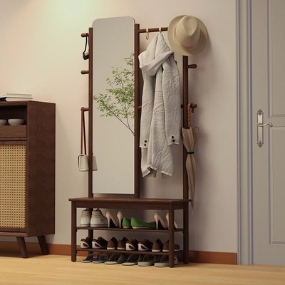 实木换鞋凳带穿衣镜衣架家用入户门口鞋架衣帽架多功能一体挂衣架