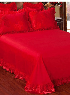 蕾丝花边床单三件套纯色床单枕套婚庆被单大红色床上用品双人涤棉