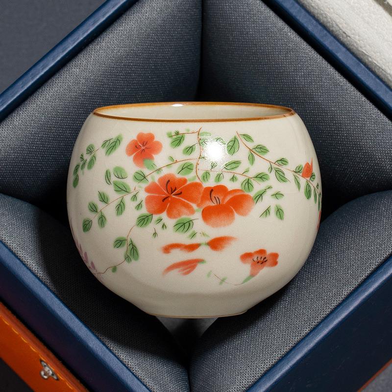 汝窑大红花禅寂茶杯个人专用开片可养主人杯丁制功夫茶具茶盏