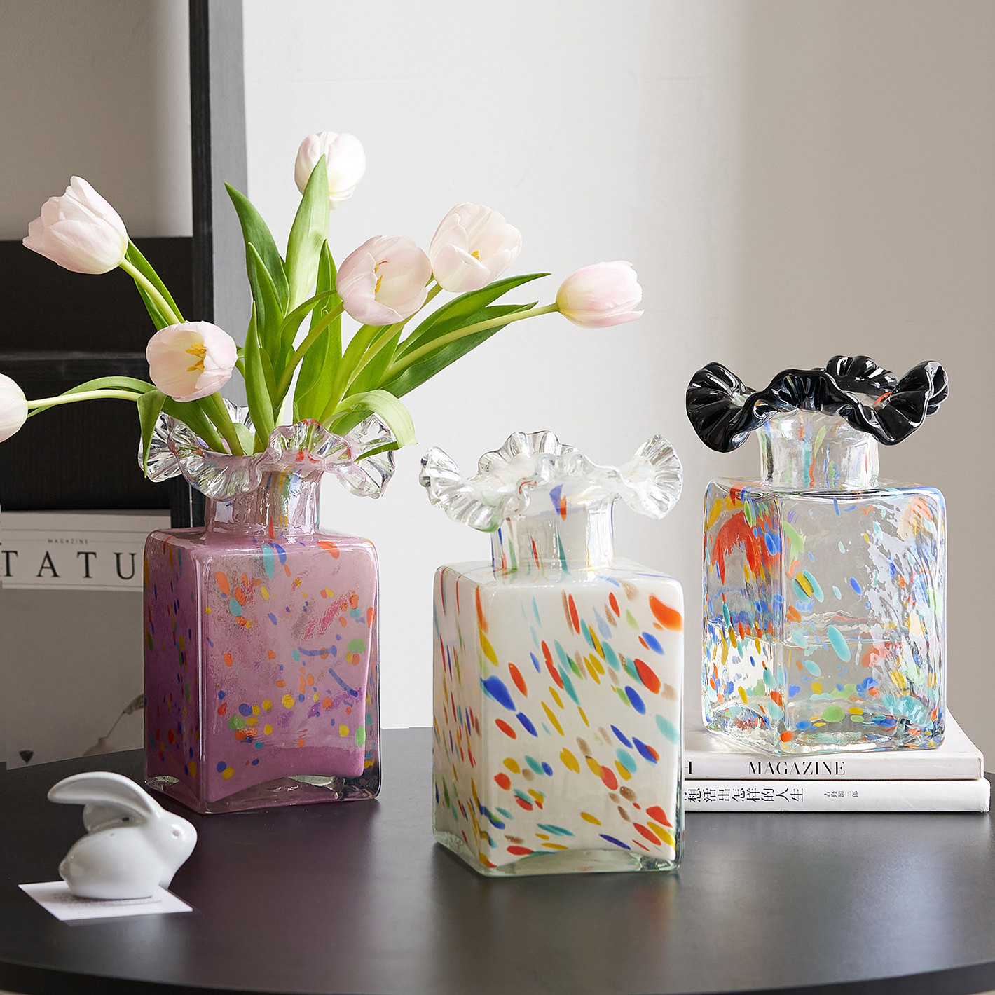 法式中古琉璃花瓶水培鲜花方形花瓶装饰花器家居摆件