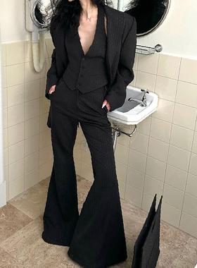 现货0122ste  知识分子黑色西装套装复古西服马甲拖地喇叭裤三件