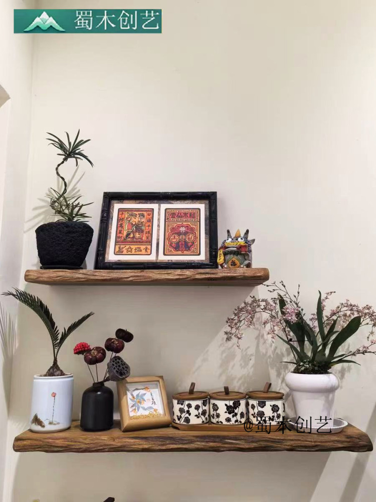 诧寂中古式覆古原实木风化一字板隔板置物架挂墙书架悬浮满墙收纳