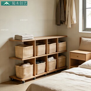 实木多格收纳架移动储物柜卧室衣物整理架带轮置物架收纳置物架