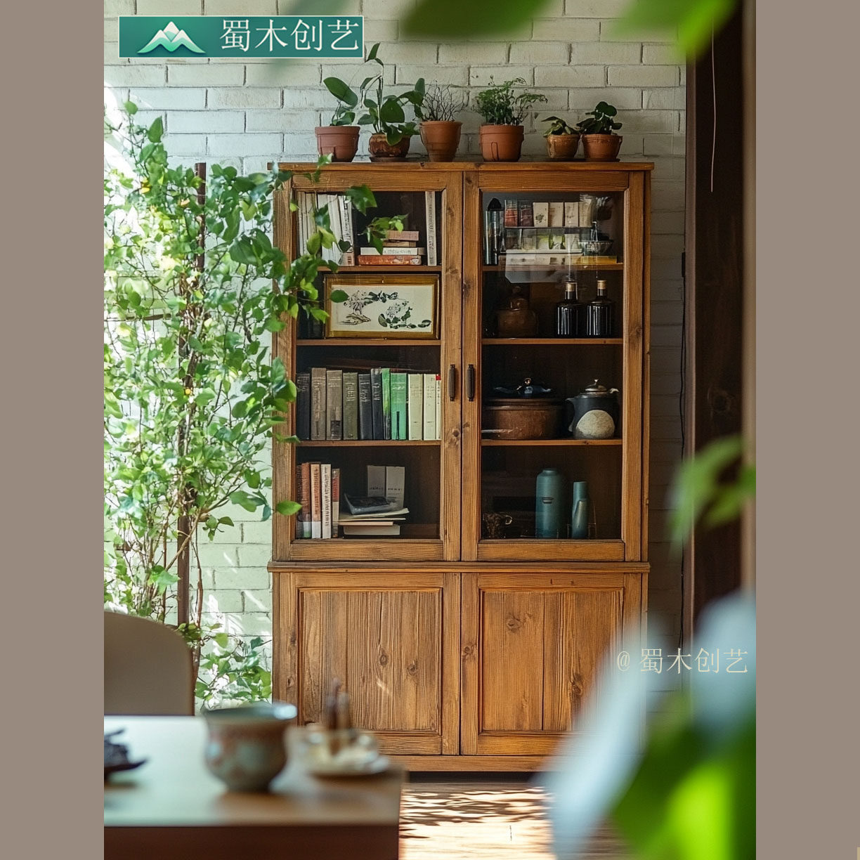 美式实木书柜简约乡村四带玻璃三门书柜家用书房落地书橱展示架置