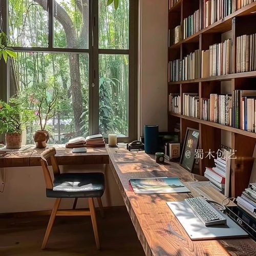 蜀木创艺满墙书架定制转角书桌柜子书架定制一连体实木学习办公桌