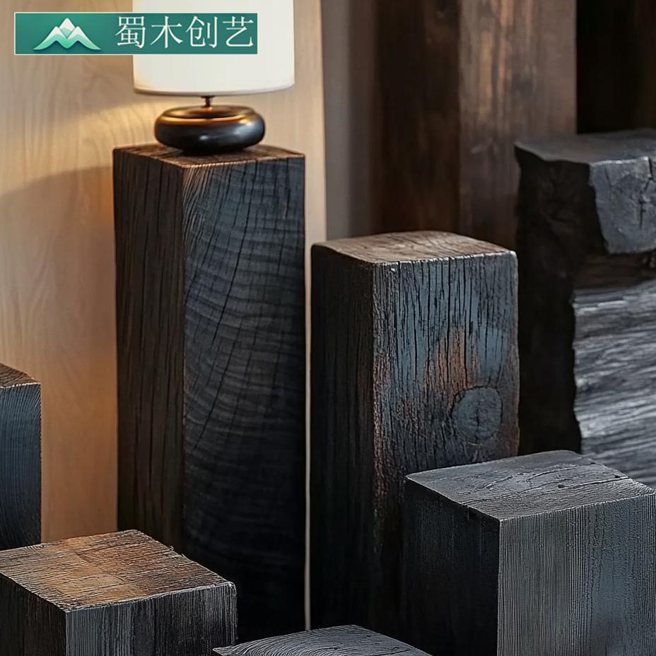 侘寂风碳化黑色纯实木方柱形木墩