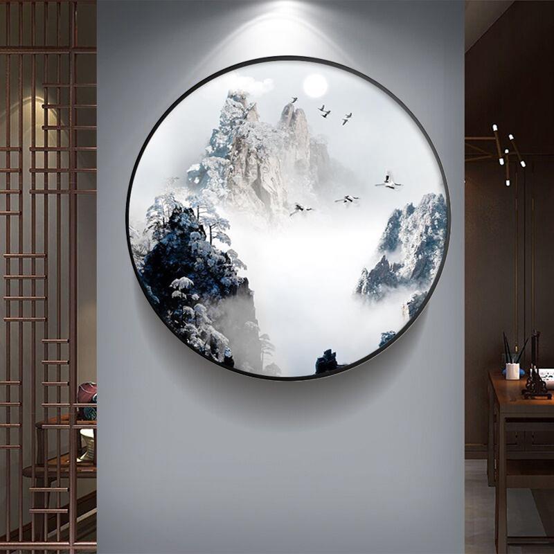 轻奢新中式玄关装饰画现代风景禅意书房挂画客厅过道山水圆形壁画图片