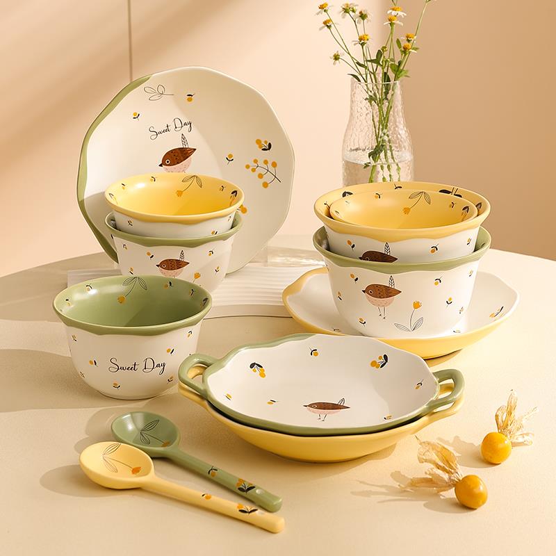 耐高温陶瓷碗精致漂亮的米饭碗盘子盘子家用时尚饭盘面碗双耳盘子