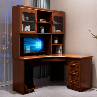 新款实木转角书桌一体家用电脑桌卧室拐角书架书橱组合带抽屉书桌