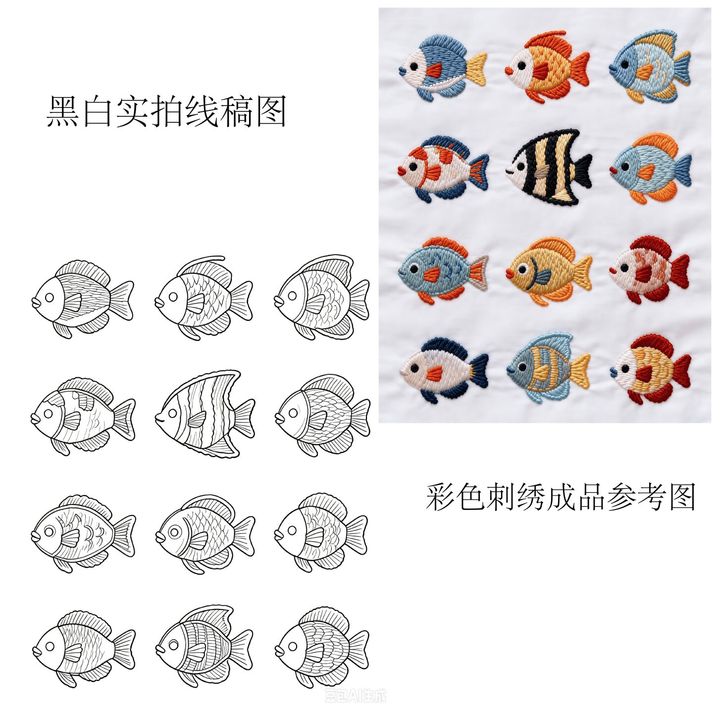 A4尺寸小鱼刺绣线稿图刺绣水溶纸