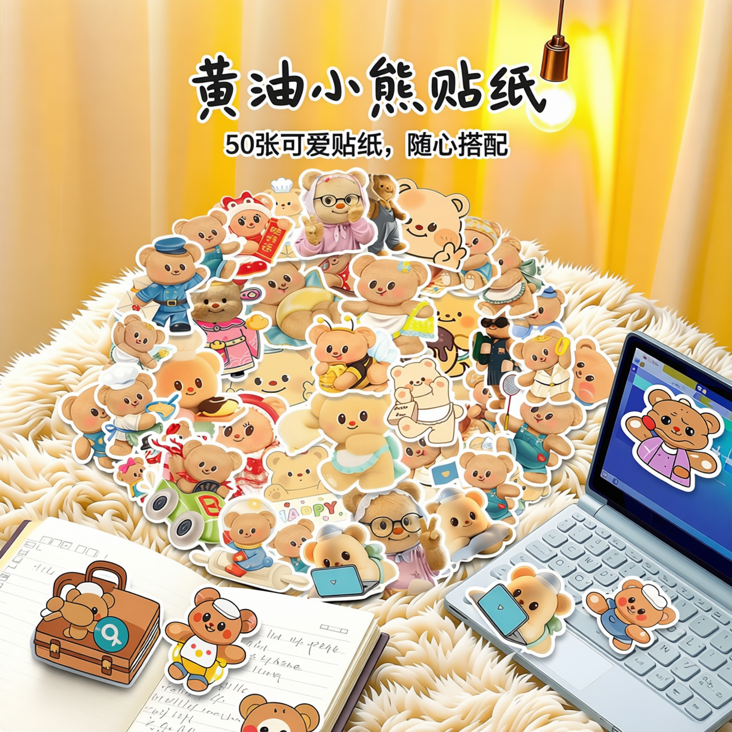 50张黄油小熊卡通贴纸笔记本电脑手账行李箱儿童礼物贴画小尺寸