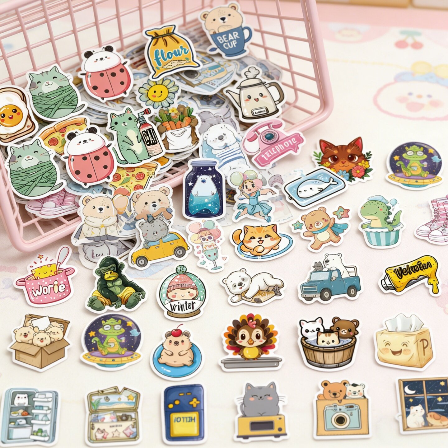 50张卡通可爱动物美食趣味英文物件小贴纸萌系表情包DIY装饰鞋柜日记本手机壳电脑平板滑板水杯墙面防水贴画