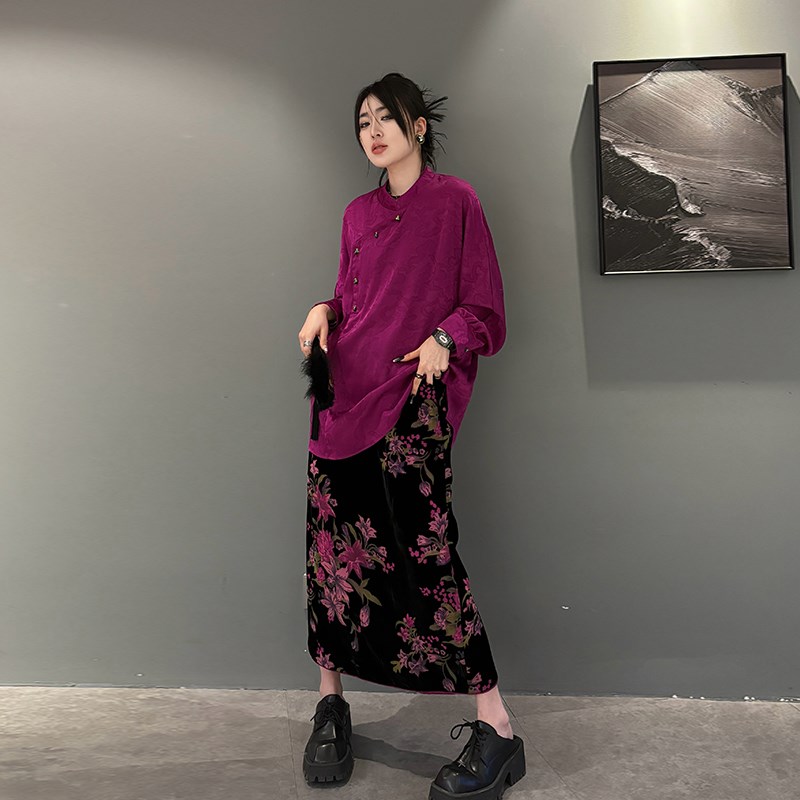 加肥圆领盘扣复古风长袖打底小衫胖MM宽松遮胯洋气U百搭显瘦半身