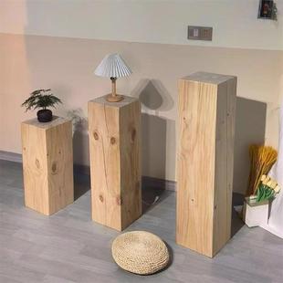 侘寂风玄关原木摆件木墩子底座增高实木树桩木墩方形花架根雕凳子