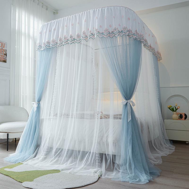 公主风法式花边刺绣双层纱蚊帐U型伸缩支架加厚加密落地宫廷3开门