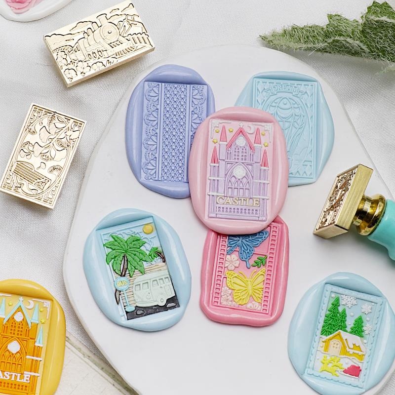 火漆铜头边框多层次浮雕印章铜头方形DIY城堡玫瑰装饰火漆铜头