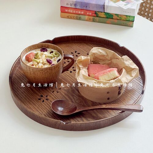 木质茶盘茶具托盘木制圆盘水果盘收纳木盘餐盘日式茶具家用