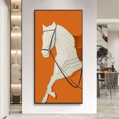 马到成功玄关背景装饰画抽象现代过道走廊骏马入户竖版