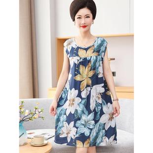 中老年棉绸睡裙女夏天妈妈人造棉家居服无袖 宽松纯绵绸连衣裙薄