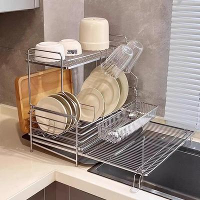 全304不锈钢碗碟沥水架水槽边可伸缩盘子筷子餐具置物架双层