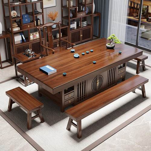 原木实木大板茶桌椅组合办公室新中式家用客厅茶几一桌五椅泡茶台