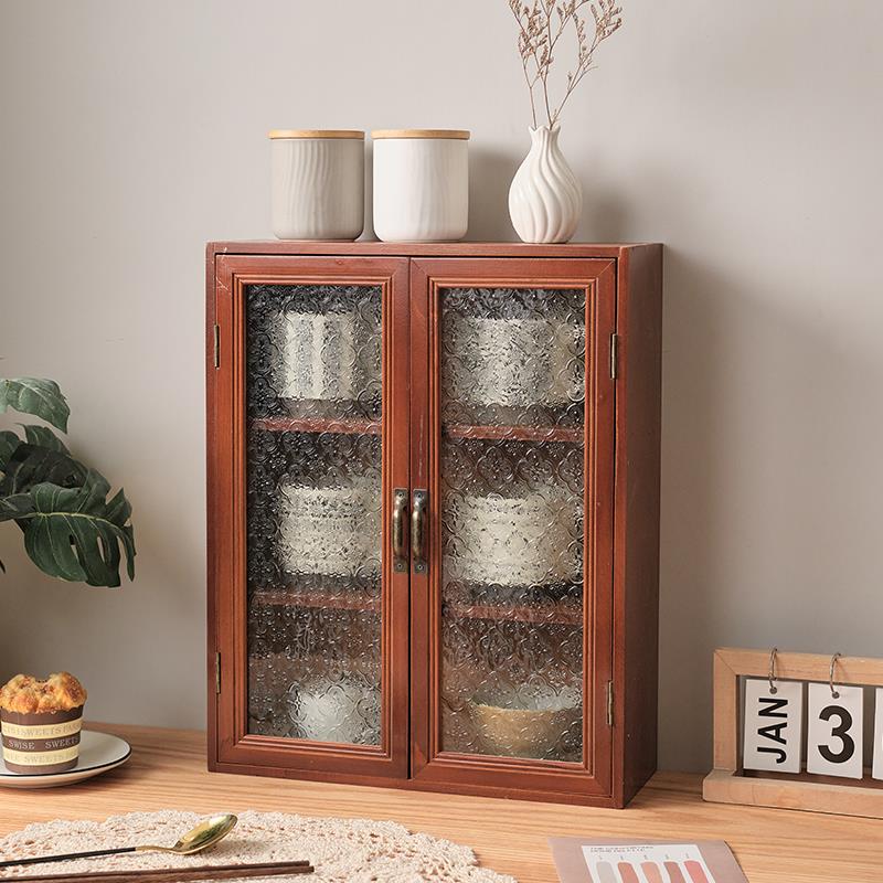 覆古实木茶具杯子收纳柜防尘家用餐桌置物架玻璃桌面化妆品收纳盒