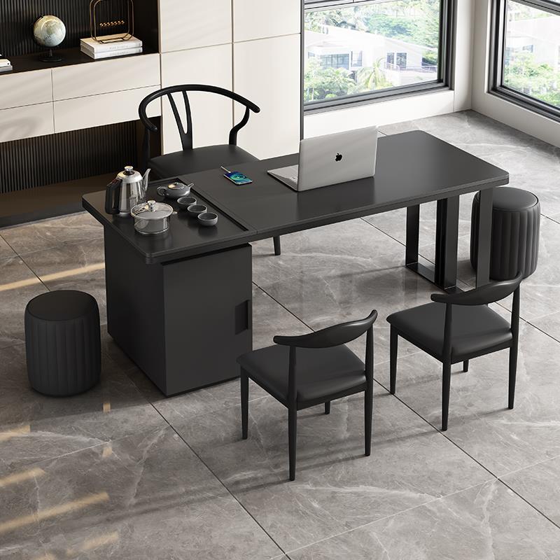 意式极简岩板功夫茶桌纯黑风格家用泡茶桌办公室书桌一体两用茶台