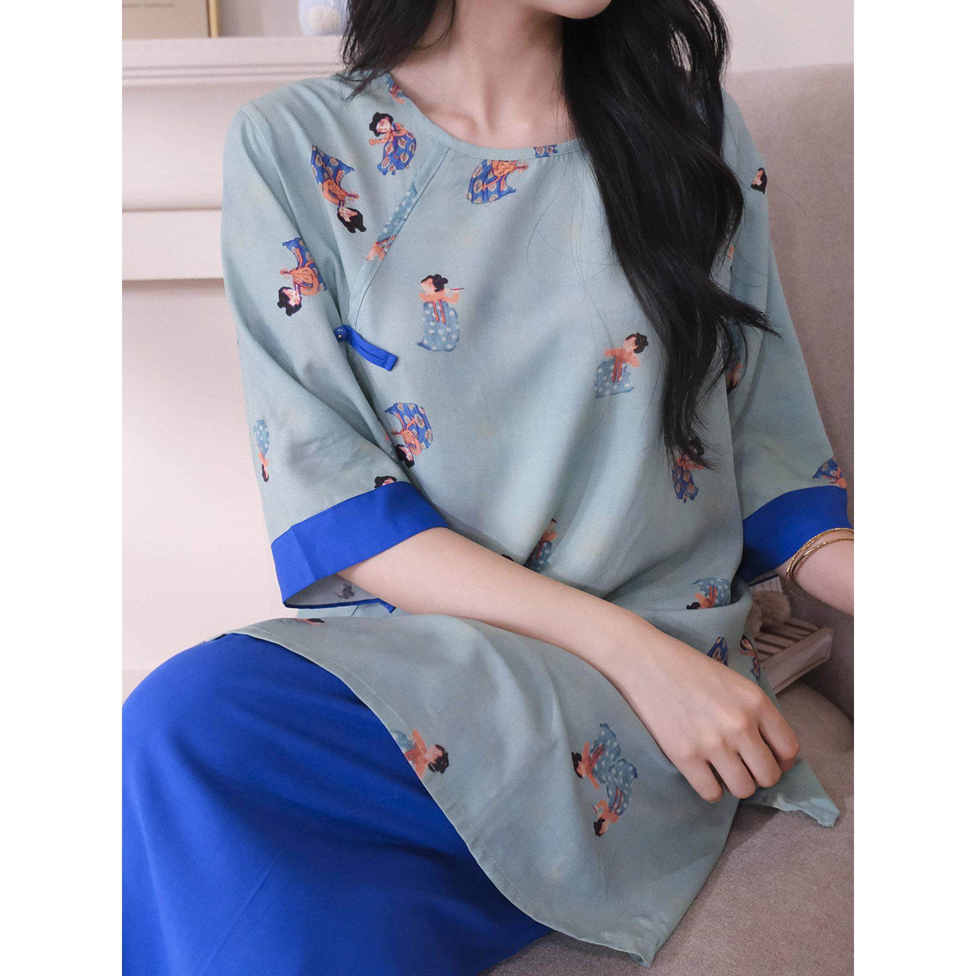 新中国风民族风覆古棉丝女式睡衣夏季薄扣中袖裤可在外穿的家衣套,女士内衣/男士内衣/家居服,睡衣/家居服套装,淘宝优惠券,粉丝福利购,淘宝优惠卷