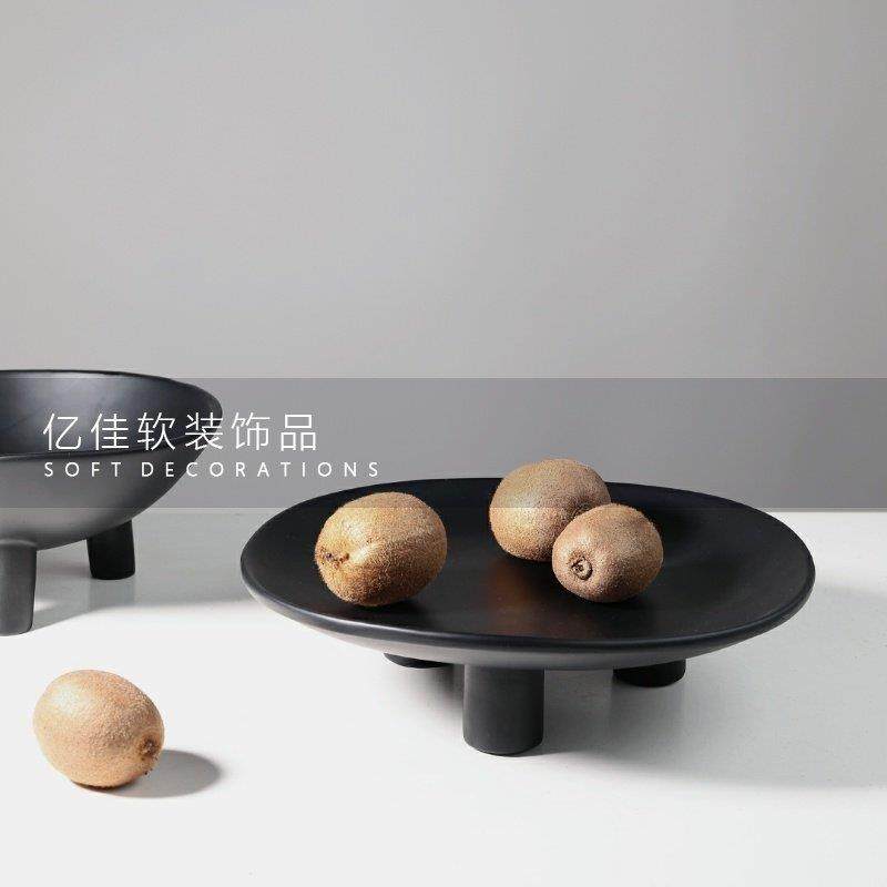 现代简约创意黑白三脚圆形果盘摆件家居茶几桌面糖果托盘软装饰品