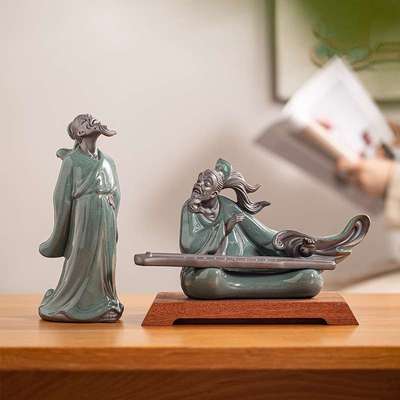 陶瓷禅意历史人物摆件大号伯牙抚琴钟子期雕像茶室桌面装饰工艺品